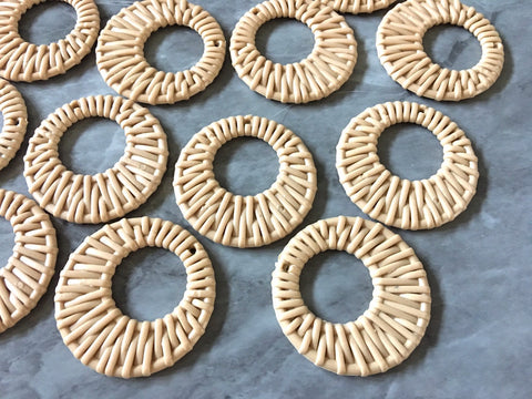 Ratton Acrylic Beads, round cutout acrylic 48mm Earring Necklace pendant bead, one hole at top DIY blanks tan brown rattan straw hay