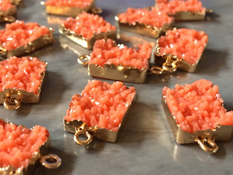 Orange Coral Rectangle Druzy Beads with 2 Holes, Faux Druzy Connector Beads, gold druzy, druzy bracelet, druzy bangle, bracelet jewelry