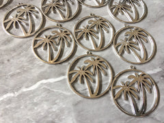Palm Tree metallic Silver 38mm pendants, 1 HOLE jewelry DIY blanks, earrings or necklace, round silver earrings geometric boho monstera leaf