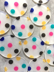 Rainbow& White Polka Dot in Clear Resin Acrylic Blanks Cutout, earring bead jewelry making, 35mm round polkadot gray circle circular