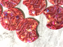 Red HOLOGRAM acrylic round circle cutout acrylic 36mm Earring Necklace pendant bead one hole top, red rainbow texture geometric jewelry