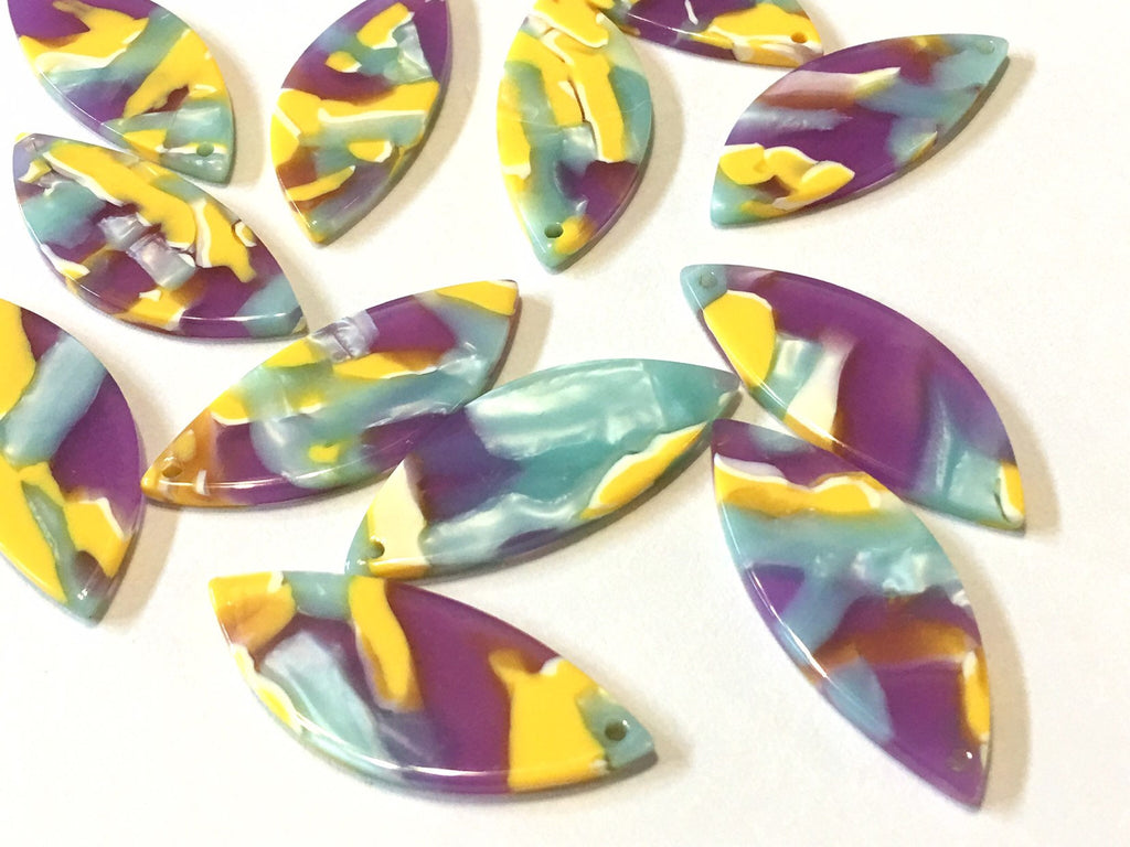 Purple Green Yellow Mosaic resin Beads, feather cutout acrylic 41mm Earring Necklace pendant bead one hole top, white green acrylic leaf