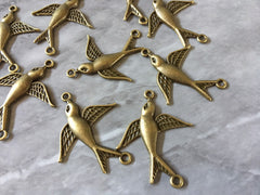 Brass Swallow Bird Connector Beads, 38mm gold charm, swallows jewelry bangle stretch bracelet 2 hole bead meyallic
