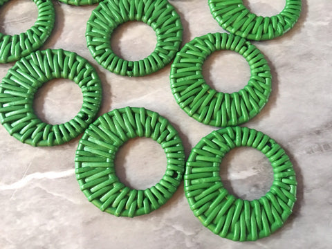 Ratton GREEN Acrylic Beads, round cutout acrylic 48mm Earring Necklace pendant bead, one hole at top DIY blanks rattan straw hay kelly green