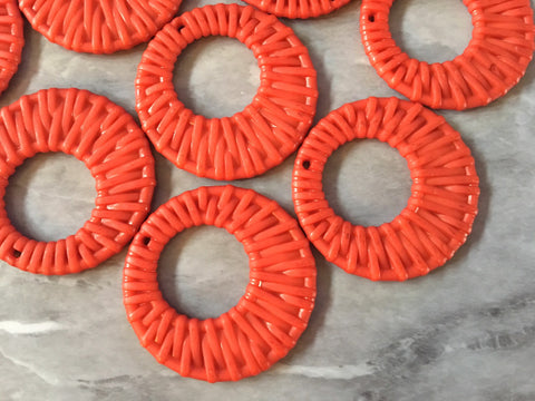 Ratton ORANGE Acrylic Beads, round cutout acrylic 48mm Earring Necklace pendant bead, one hole at top DIY blanks rattan straw hay