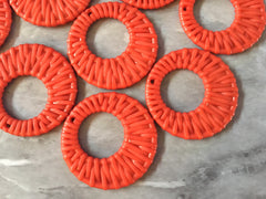 Ratton ORANGE Acrylic Beads, round cutout acrylic 48mm Earring Necklace pendant bead, one hole at top DIY blanks rattan straw hay