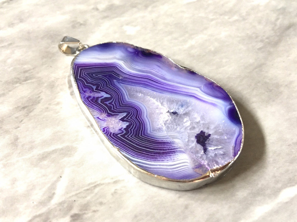 XL Sterling Silver Dipped Purple & Gray Natural Agate GRADE A slice, glass beads circle long oval mandala necklace tree ring striped pendant