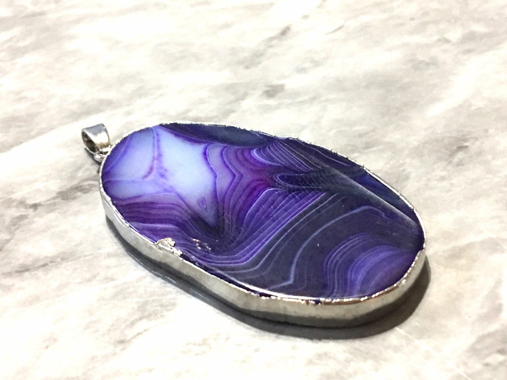 XL Sterling Silver Dipped Purple & Gray Natural Agate GRADE A slice, glass beads circle long oval mandala necklace tree ring striped pendant