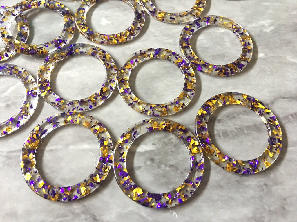 Royal Purple & Gold Confetti circle Resin Beads, geometric acrylic 40mm Earring Necklace pendant bead 1 one hole at top, round jewelry