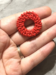 Red Ratton Acrylic Beads, circle cutout acrylic 32mm Earring Necklace pendant bead, one hole at top DIY blanks rattan straw hay