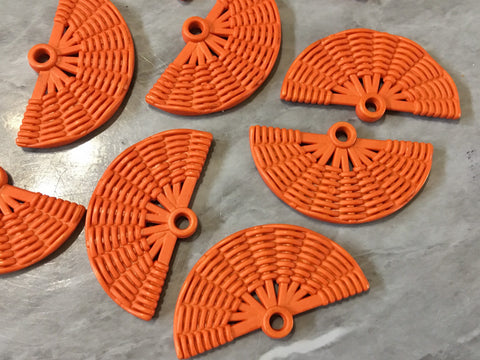 Ratton ORANGE Acrylic Beads, half moon fan cutout acrylic 48mm Earring Necklace pendant bead, one hole at top DIY blanks rattan straw hay