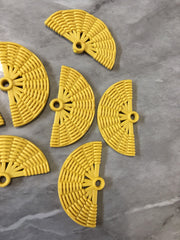 Ratton YELLOW Acrylic Beads, half moon fan cutout acrylic 48mm Earring Necklace pendant bead, one hole at top DIY blanks rattan straw hay