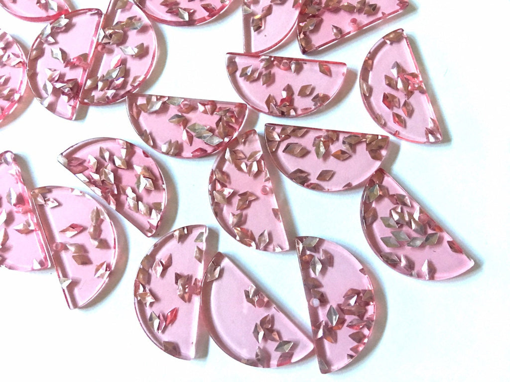 Pink Resin Silver Confetti Half Circle 1 Hole Laser Cut semi circle Cutout, Wire Bracelet boho earrings, Tassel Necklace Jewelry pendant