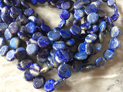 12mm Natural Lapis Lazuli Beads Strands, Flat Round, blue and gold gemstone beads, 15" strand WHOLESALE blue diy jewelry