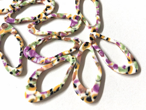 Purple & orange white FLORAL white Tortoise Shell Beads, oval cutout acrylic 44mm Earring Necklace pendant bead one hole at top