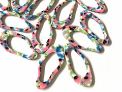 Pink & blue white FLORAL white Tortoise Shell Beads, oval cutout acrylic 44mm Earring Necklace pendant bead one hole at top green