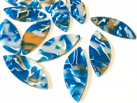 Blue & Orange Mosaic resin Beads, feather cutout acrylic 41mm Earring Necklace pendant bead one hole top, white acrylic leaf Virginia