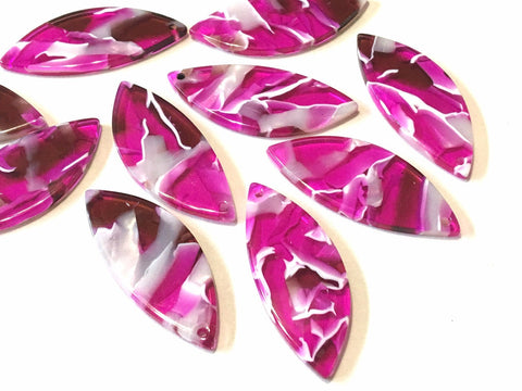 Dark Pink Mosaic resin Beads, feather cutout acrylic 41mm Earring Necklace pendant bead one hole top, white acrylic leaf neon pink