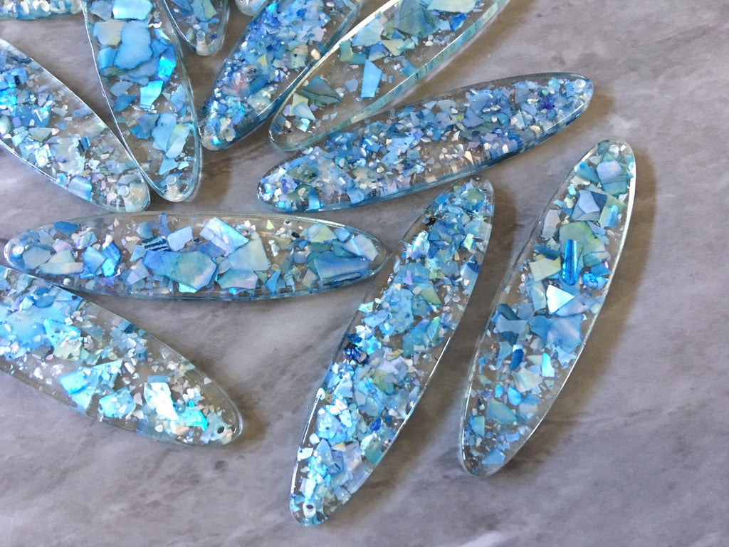 Blue Glitter CONFETTI in clear Resin Beads, oval cutout acrylic 70mm Earring Necklace pendant bead, one hole at top jewelry acrylic DIY