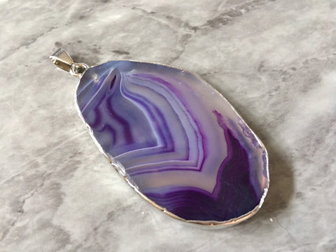 XL Sterling Silver Dipped Purple & Gray Natural Agate GRADE A slice, glass beads circle long oval mandala necklace tree ring striped pendant