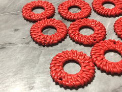 Red Ratton Acrylic Beads, circle cutout acrylic 32mm Earring Necklace pendant bead, one hole at top DIY blanks rattan straw hay