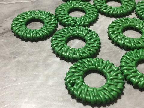 Green Ratton Acrylic Beads, circle cutout acrylic 32mm Earring Necklace pendant bead, one hole at top DIY blanks rattan straw hay olive