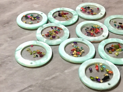 Rainbow Foil resin Beads, blue shell cutout acrylic 23mm Earring Necklace pendant boho, one hole top colorful acrylic DIY jewelry round