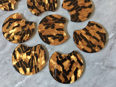 Gold & black mosaic Resin Beads, circle cutout acrylic 36mm Earring Necklace pendant bead, one hole at top, gold brown jewelry acrylic DIY