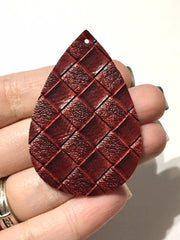 Wine Red Woven Vegan Leather Blanks Cutout, earring bead jewelry making, 57mm teardrop jewelry, metallic pendant layering drop fabric