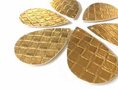 Gold woven Vegan Leather Blanks Cutout, earring bead jewelry making 57mm teardrop jewelry metallic pendant layering drop fabric