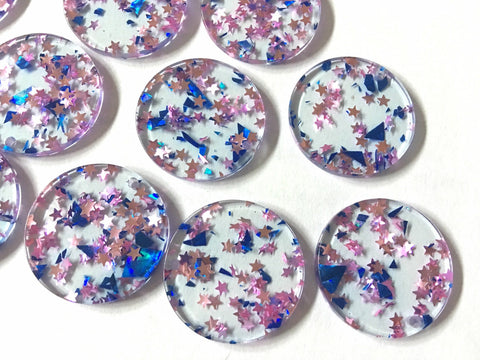 Pink & Blue Confetti Circle Resin Beads, round shape acrylic 28mm Earring Necklace pendant bead 1 one hole at top jewelry gender reveal