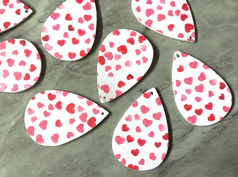 Pink Red Hearts on White Leather Blanks Cutout, earring bead jewelry making, 57mm teardrop jewelry, valentine pendant layering drop fabric