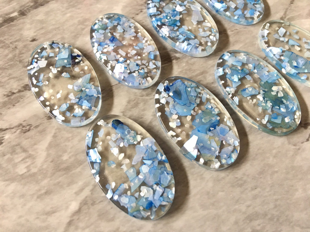 Blue Glitter CONFETTI in clear Resin Beads, oval cutout acrylic 43mm Earring Necklace pendant bead, one hole at top jewelry acrylic DIY