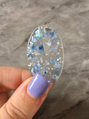 Blue Glitter CONFETTI in clear Resin Beads, oval cutout acrylic 43mm Earring Necklace pendant bead, one hole at top jewelry acrylic DIY