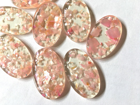 Pink Glitter CONFETTI in clear Resin Beads, oval cutout acrylic 43mm Earring Necklace pendant bead, one hole at top jewelry acrylic DIY