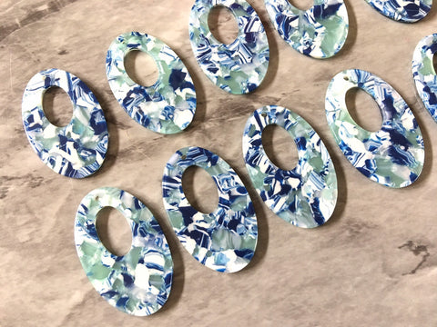 Blue & White Confetti Resin Acrylic OVAL Blanks Cutout, earring bead jewelry making, 38mm pendant jewelry, valentine earrings DIY navy