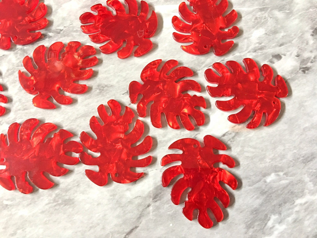 Cherry Red Large Tortoise Shell Palm Leaf Monstera Acrylic Earring Blanks, acrylic blanks, resin palm tree leaves jewelry, lucite plastic
