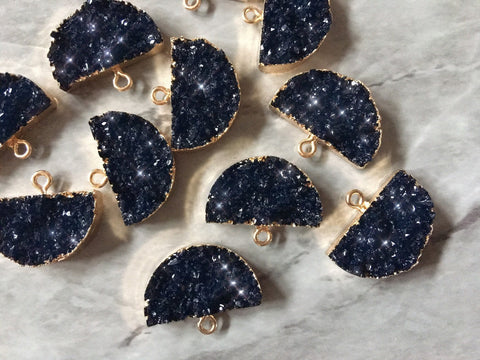 Midnight NAVY blue half moon Druzy Beads with 1 Hole, Faux Druzy Pendant Beads, gold druzy, druzy bracelet bangle drop earrings jewelry