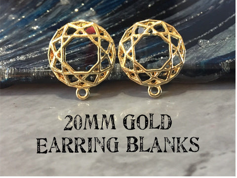 Gold Webbed 20mm post earring circle blanks, gold drop earring, gold stud earring, gold jewelry, gold dangle DIY earring making rosette