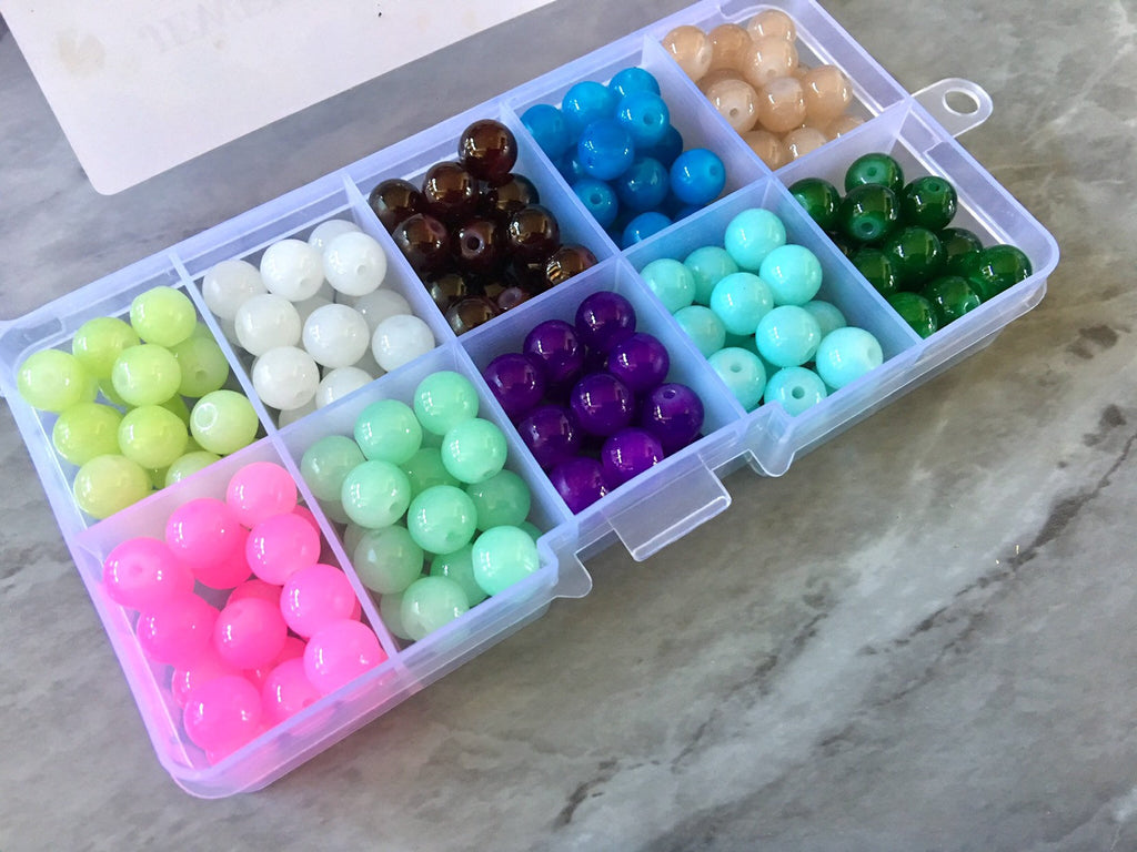 Jewel Tones Bead Kit, 10 color glass bead set, 8mm jelly beads, bead  organizer, bead box, bangle beads, jewelry making, rainbow beads