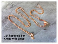 WHOLESALE roseGold Box Chain with slider and glass crystals, Slide Extender Chain for necklace making, rosegold jewelry making 32”