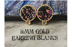 Black & Pastels 16mm post earring circle blanks, gold drop earring, gold stud earring, gold jewelry, gold dangle DIY earring making