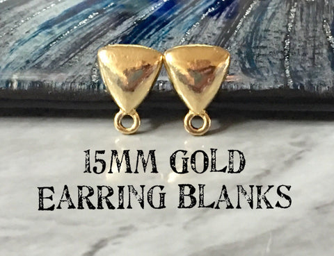 Gold Triangle 15mm gold post earring circle blanks, gold drop earring, gold stud earring, jewelry dangle DIY earring making geometric