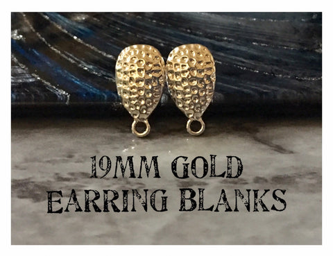 Gold hammered 19mm post earring teardrop blanks, gold drop earring, gold stud earring, gold jewelry, gold dangle DIY earring making round