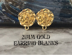 Gold floral 21mm post earring circle blanks, gold drop earring, gold stud earring, gold jewelry, gold dangle DIY earring making rosette