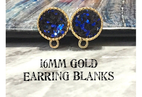 Mermaid Black & Blue 16mm post earring circle blanks, gold drop earring, gold stud earring, gold jewelry, gold dangle DIY earring making