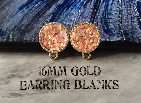 Coral Glitter 16mm post earring circle blanks, gold drop earring, gold stud earring, gold jewelry, gold dangle DIY earring making