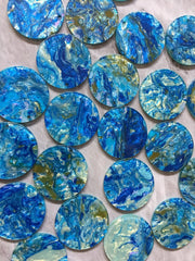 Gold & Blue Turquoise BEACH mosaic Resin Beads, circle cutout acrylic Earring Necklace pendant bead, one hole at top, jewelry acrylic DIY