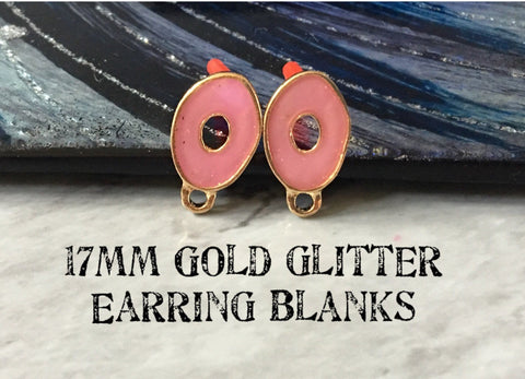 Pink glitter resin 17mm oval post earring blanks, gold earring, gold stud earring, gold jewelry, gold dangle earring making metallic