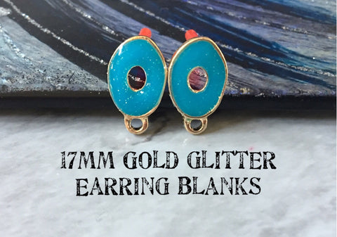 Blue glitter resin 17mm oval post earring blanks, gold earring, gold stud earring, gold jewelry, gold dangle earring making metallic